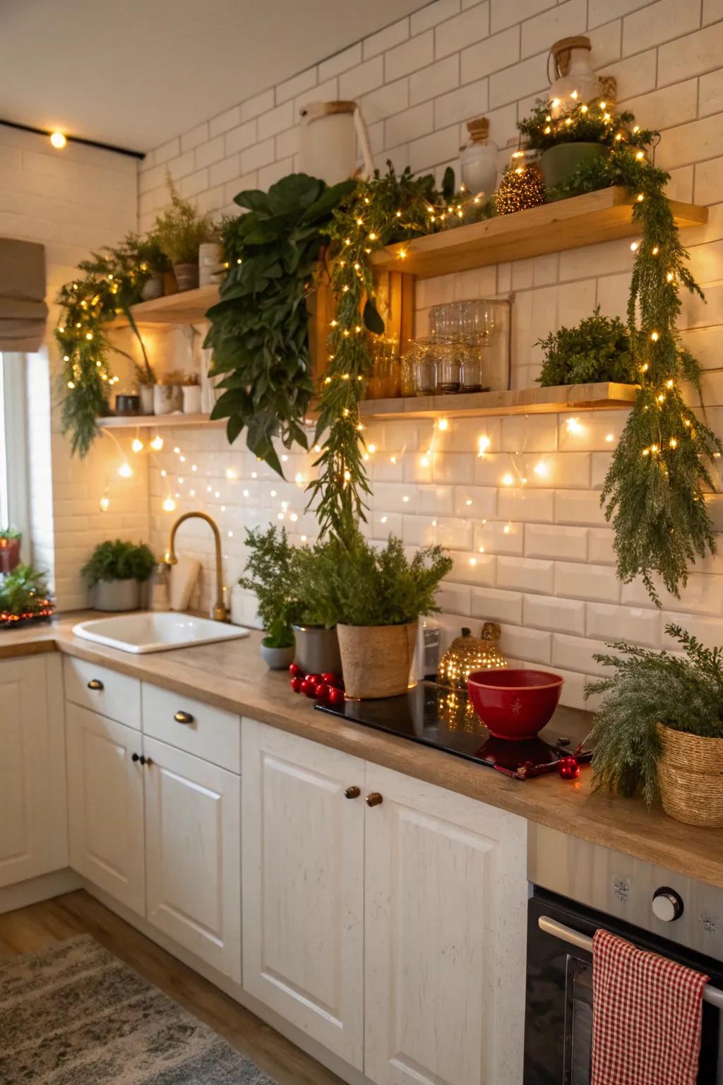A festive kitchen setting with greenery and lights.