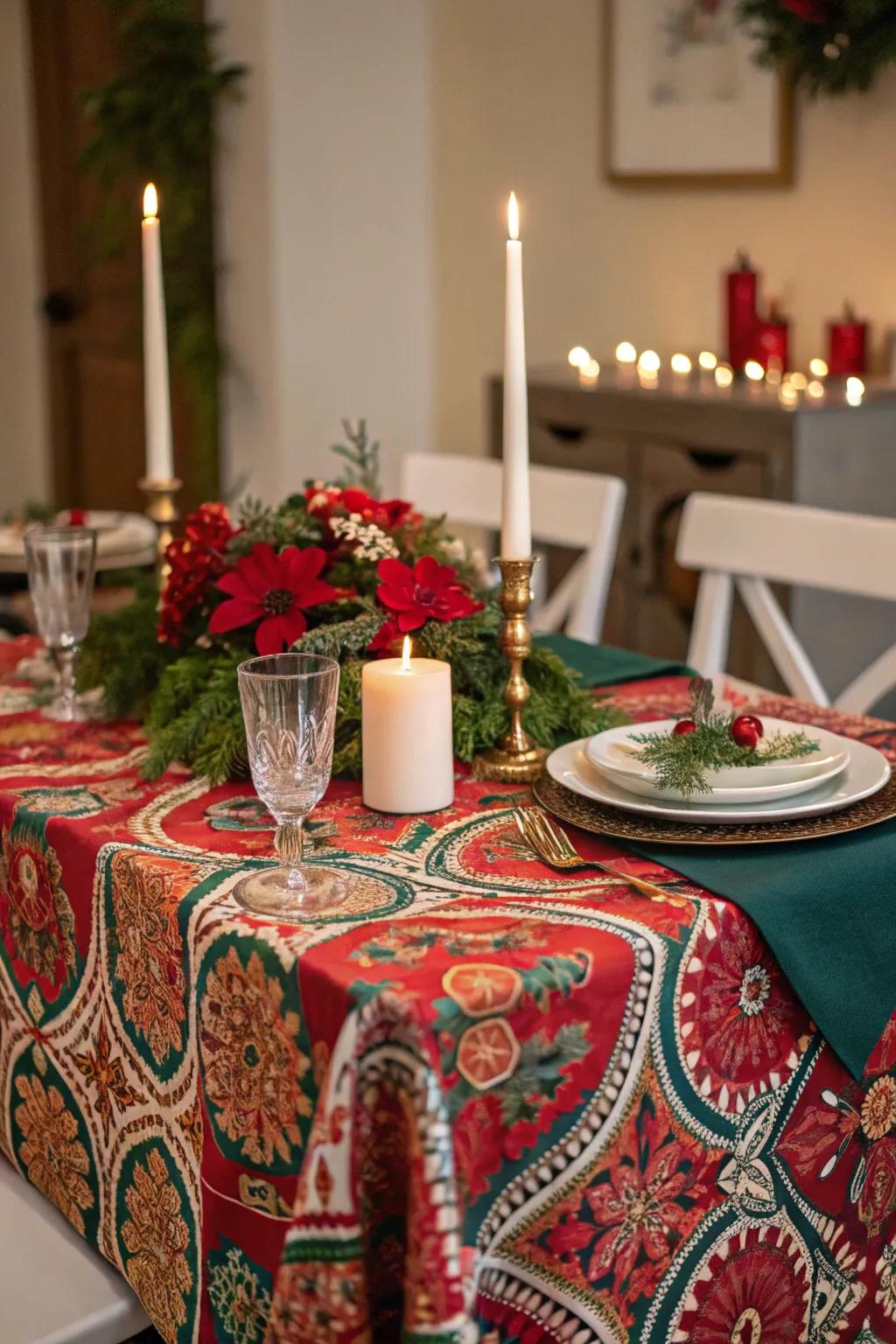 A joyful table cover sets the stage for your holiday decor.