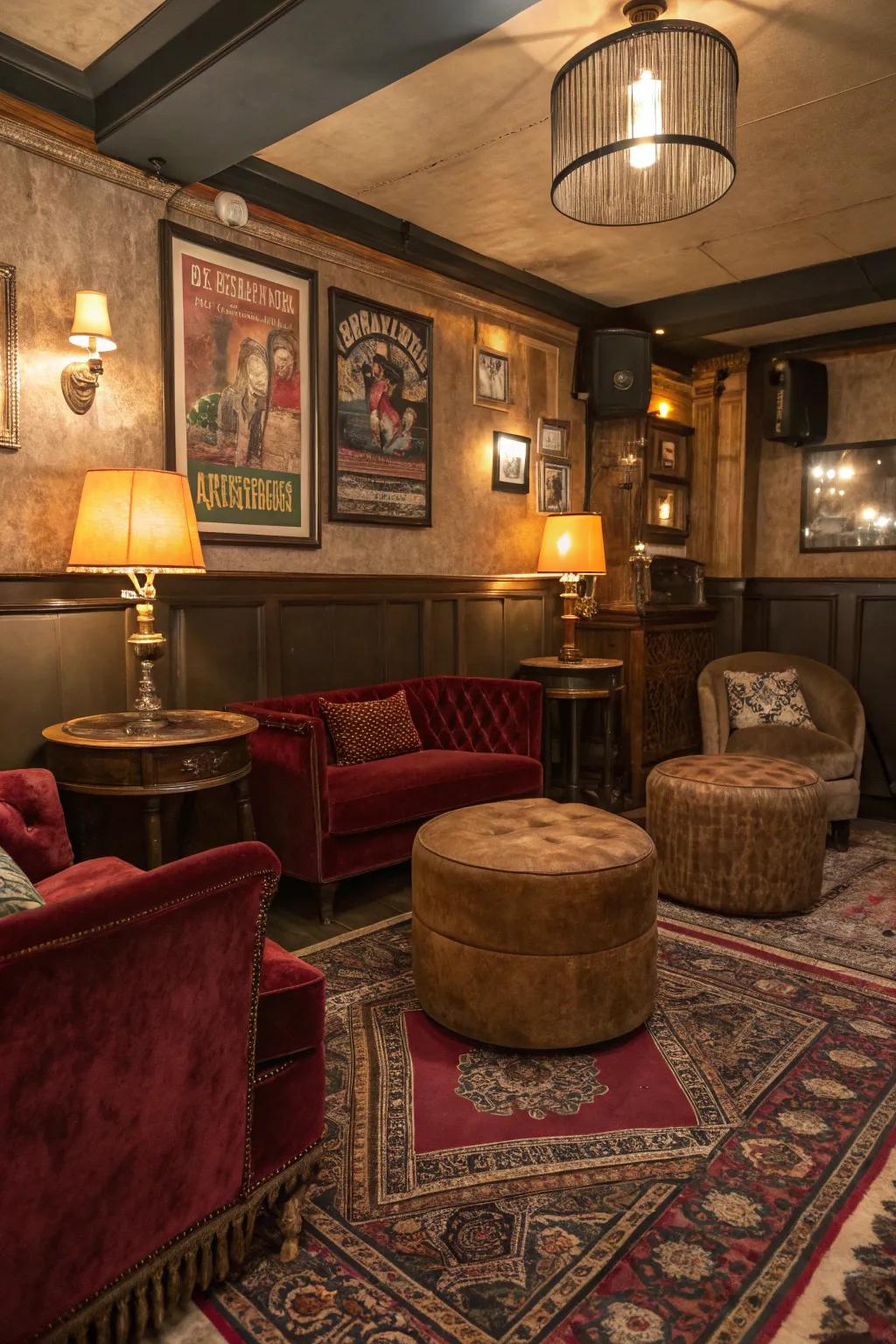 Soft materials contribute comfort and elegance to your home speakeasy.