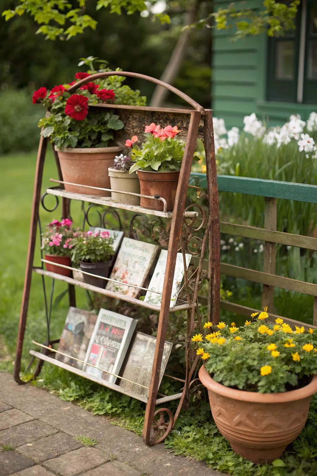 Repurpose a magazine rack into a chic plant stand.