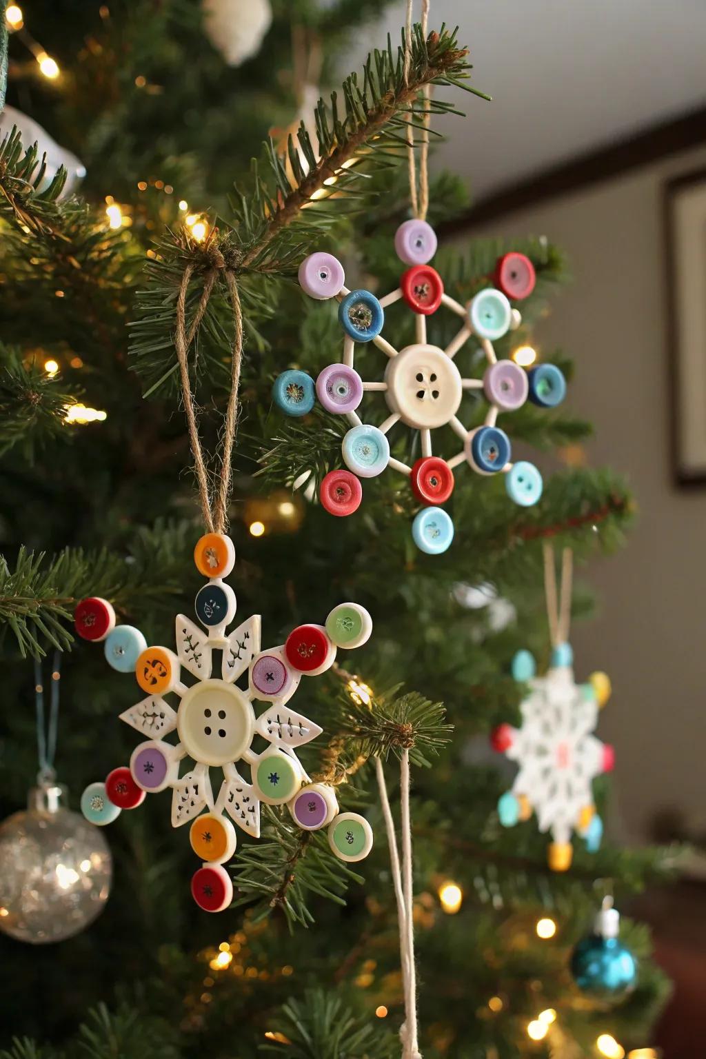 Whimsical button snowflake ornaments adding vintage charm to the holiday tree.