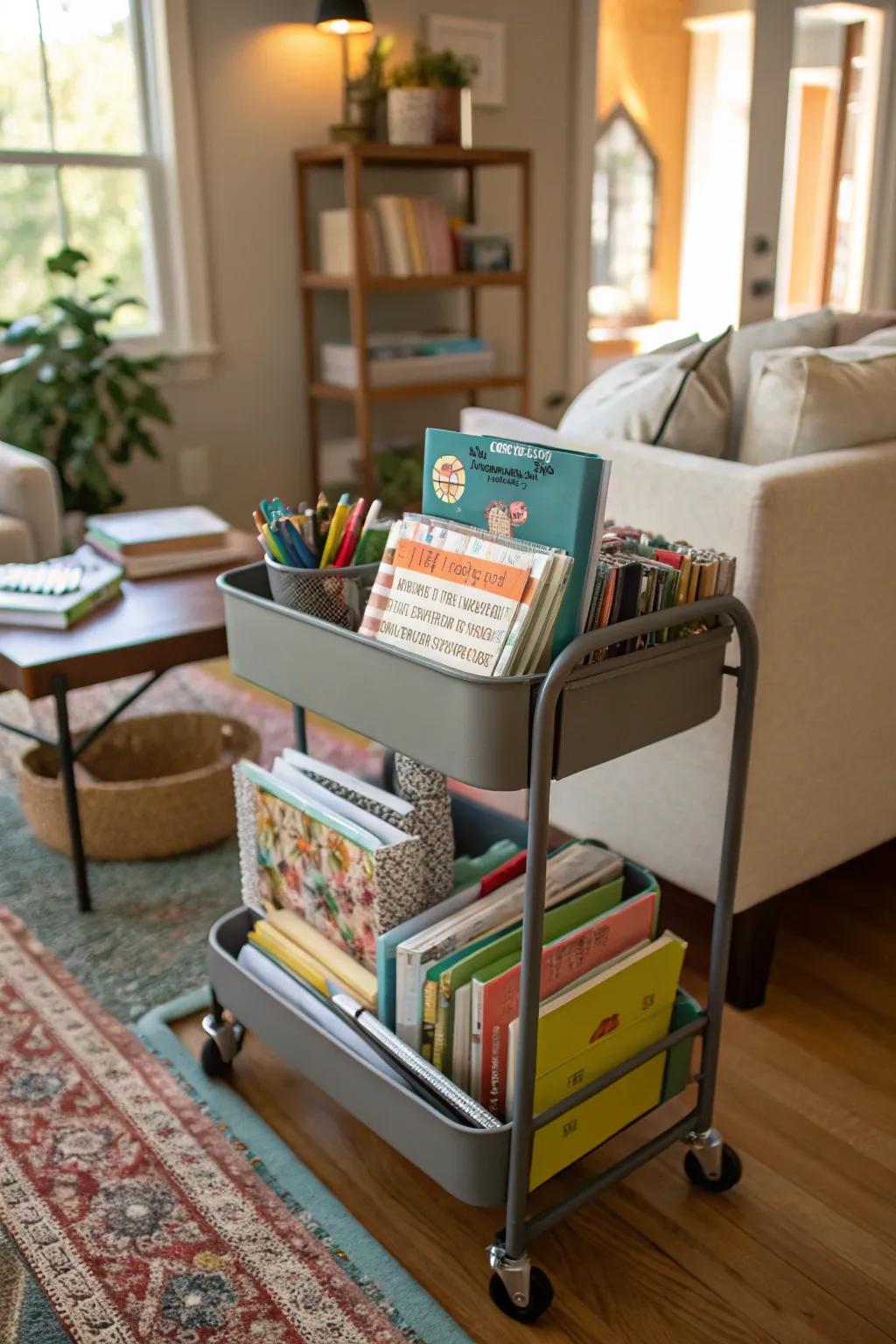 Movable trolleys offer the ability to homeschool anywhere in the house.