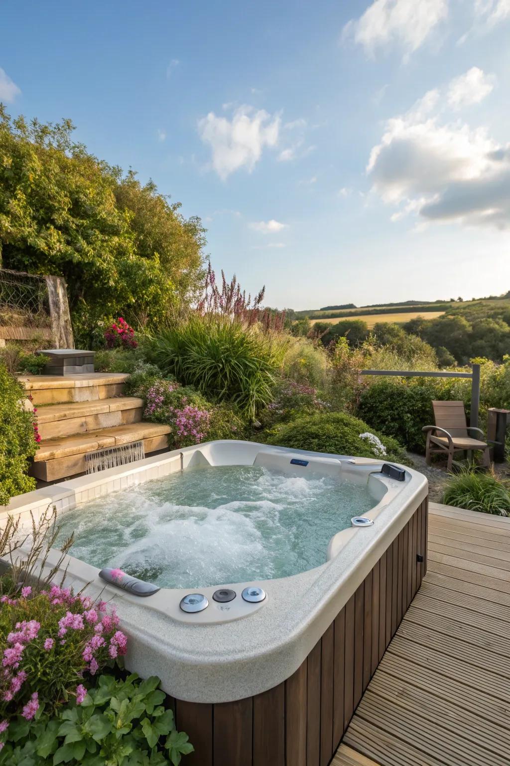 A cascade elevates the tranquil ambiance of the <strong><em>hot tub</em></strong> area.” loading=”lazy” class=”pimg”>
	</picture><figcaption>A cascade elevates the tranquil ambiance of the <strong><em>hot tub</em></strong> area.</figcaption></figure>
<p>A diminutive cascade element can infuse a tranquil, spa-esque sensation into your <strong><em>hot tub</em></strong> area. In my backyard, the gentle melody of flowing water is the quintessential backdrop for unwinding.</p>
<h3>Possibly helpful picks:</h3>
<ul class=