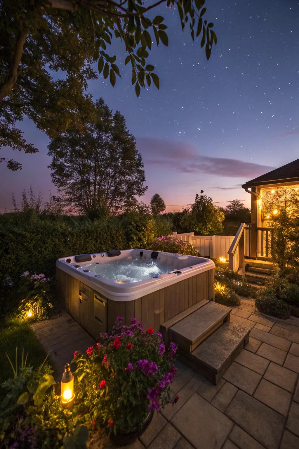 Set the mood with ambient lighting for your nighttime hot tub sessions.