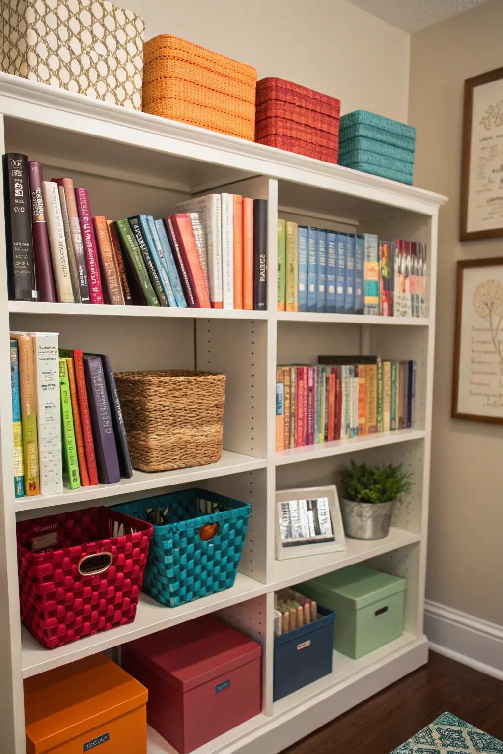 Bookshelf presenting ornamental storing solutions.