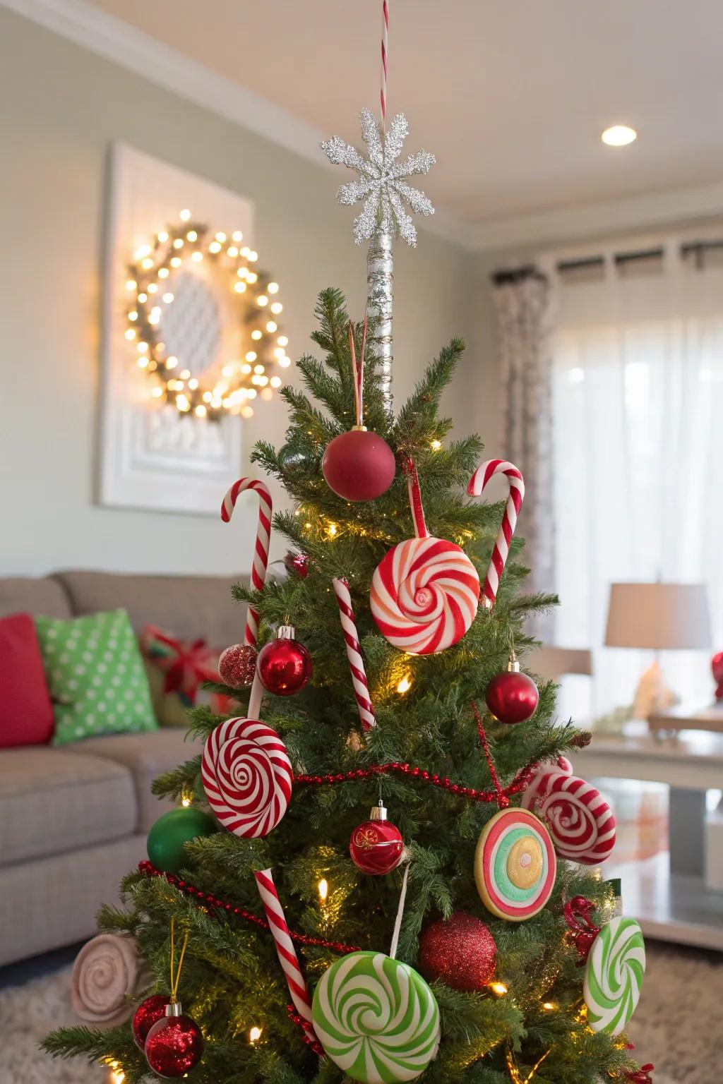 A playful sweets zone-themed holiday tree adorned with confectionery accessories.