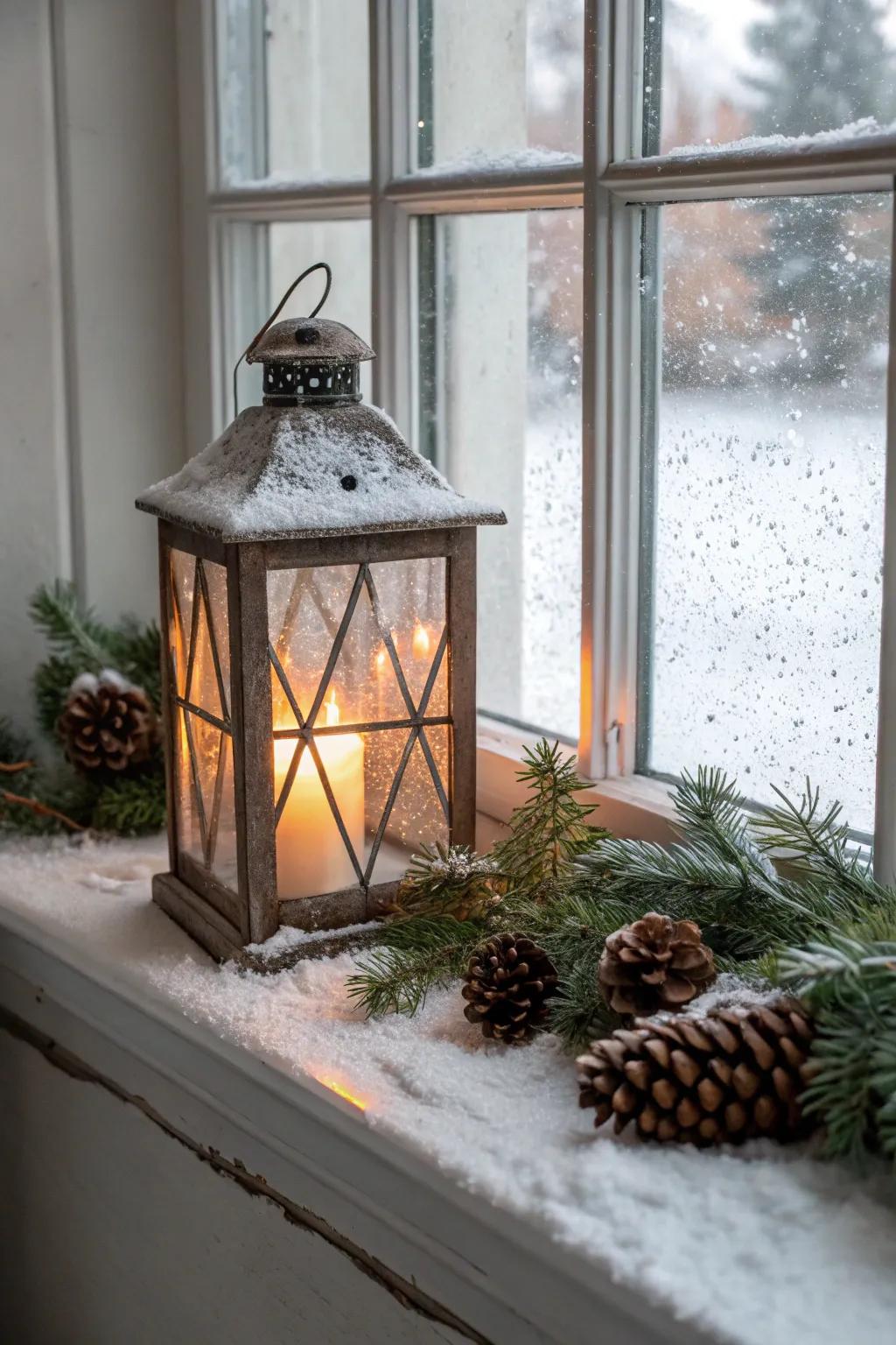Captivating wintry wonderland lantern showcasing seasonal foliage.