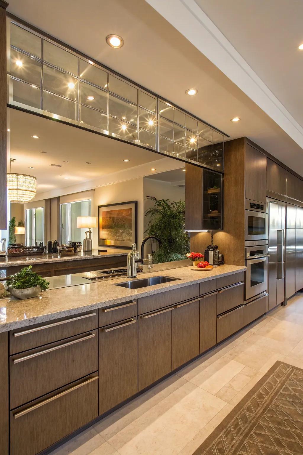 Mirrored panels are optimal for enlarging and illuminating culinary spaces.