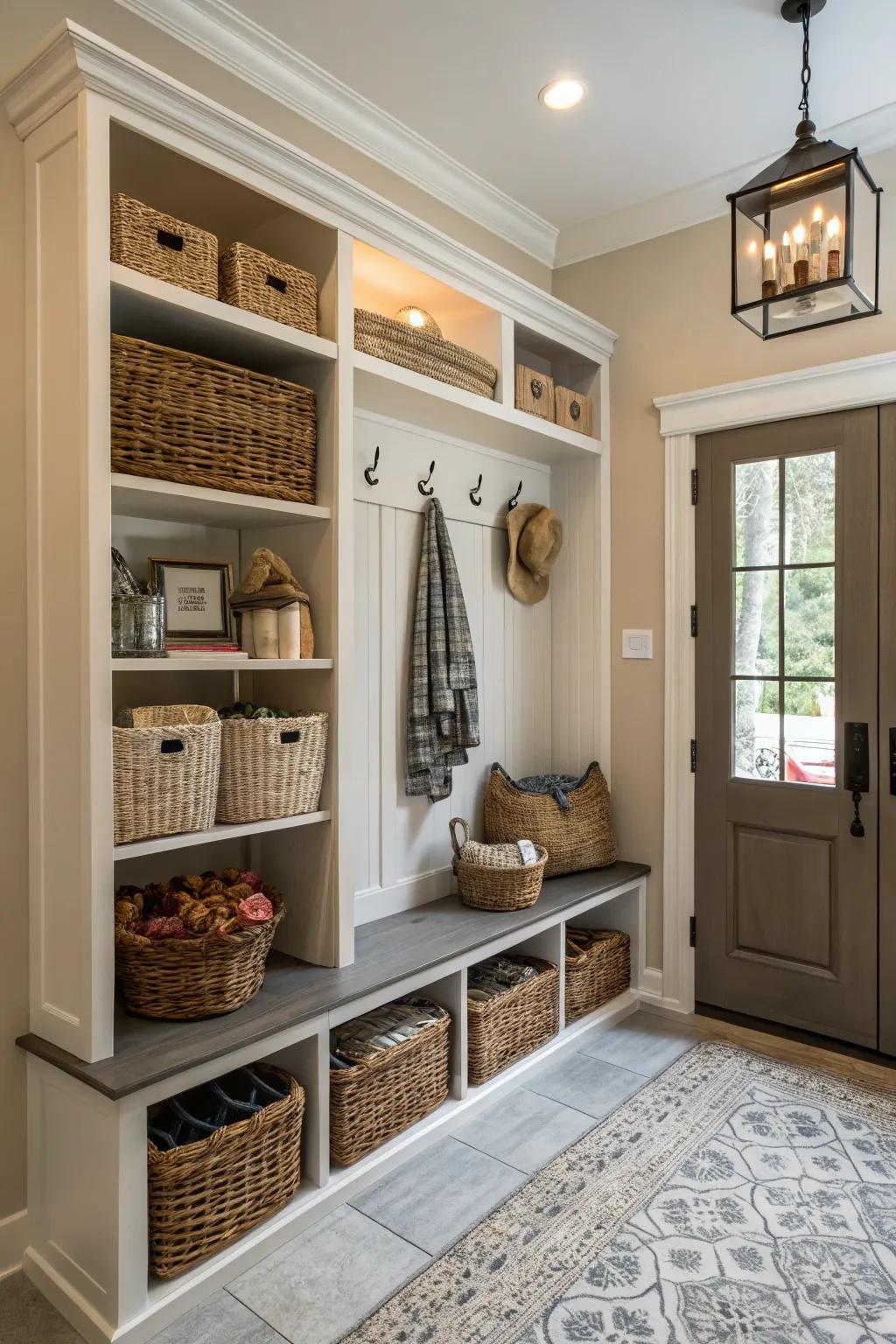 Stylish storage solutions help keep the entryway organized.