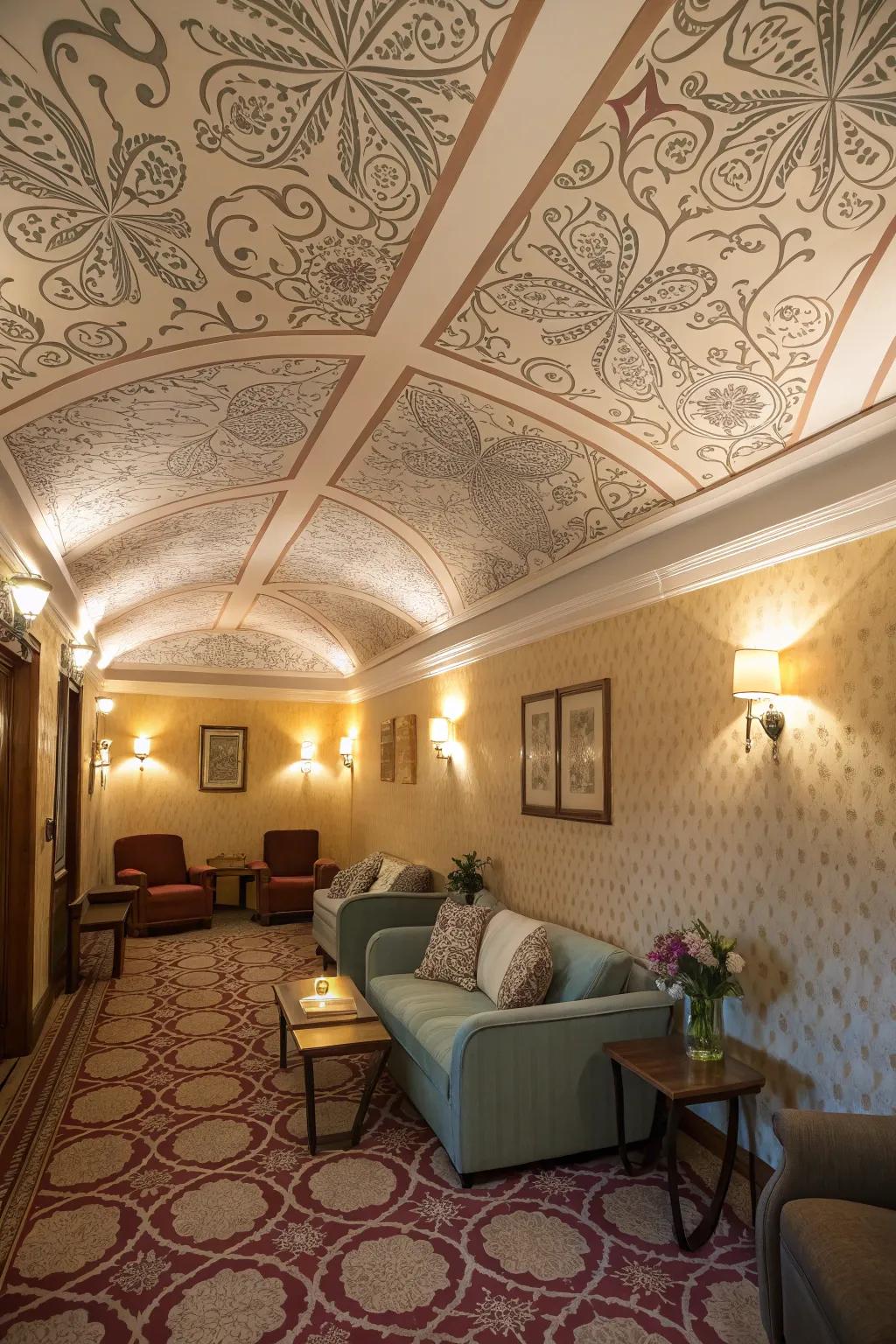 A snug room featuring a beautifully patterned roof covered in wall covering.