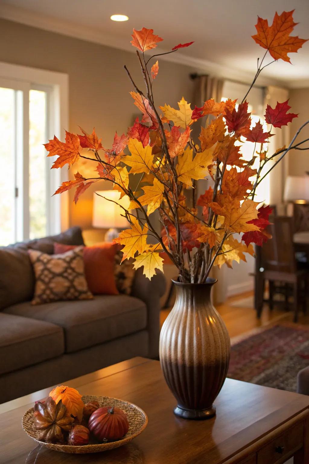 A vase containing vibrant autumnal foliage fashions a natural display.