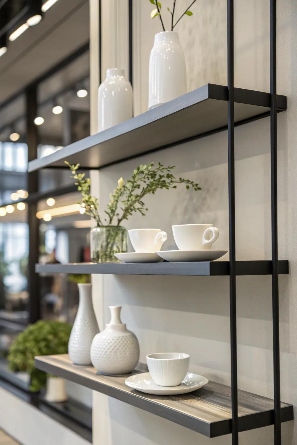Minimalist hanging surface mounts elegantly displaying a selection of china.