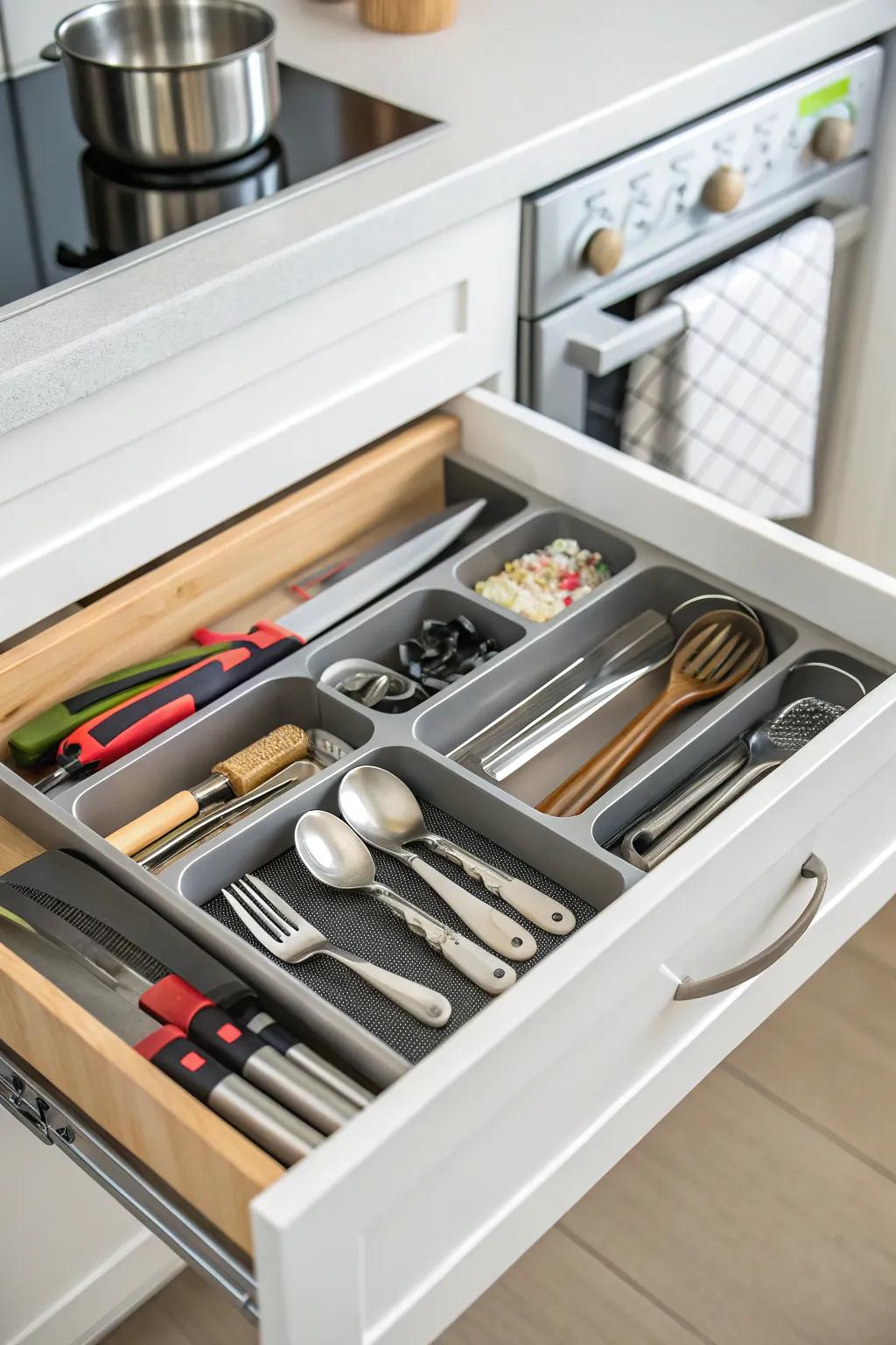 Drawer organizers ensure an orderly kitchen.