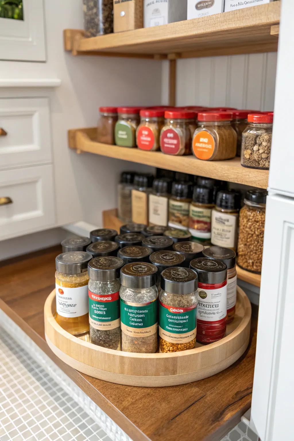 A lazy Susan makes accessing spices in pantry corners effortless.