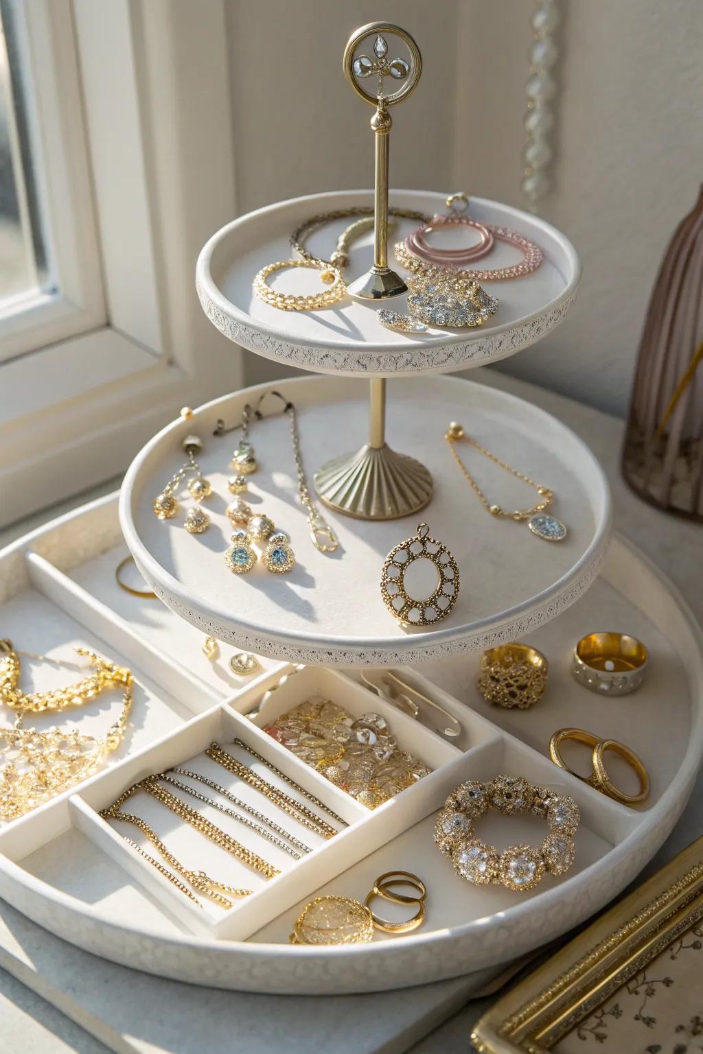 Stacked plates provide elegant jewelry storage options.