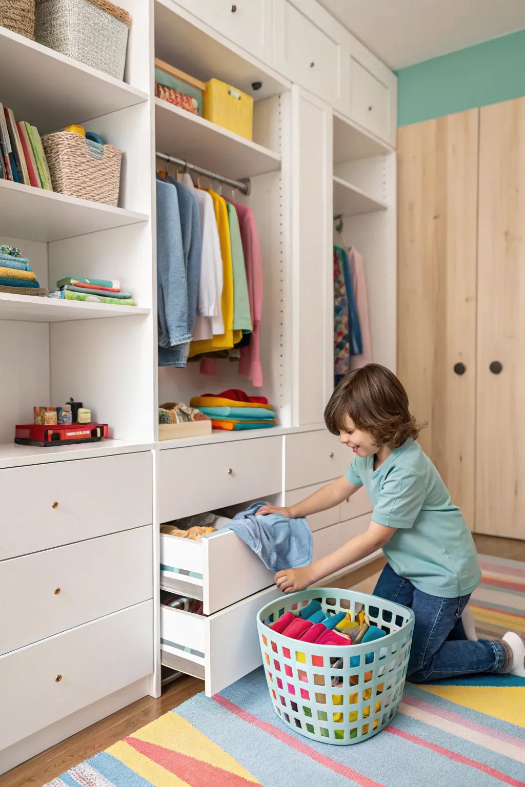 Involving kids in organizing their own clothes.