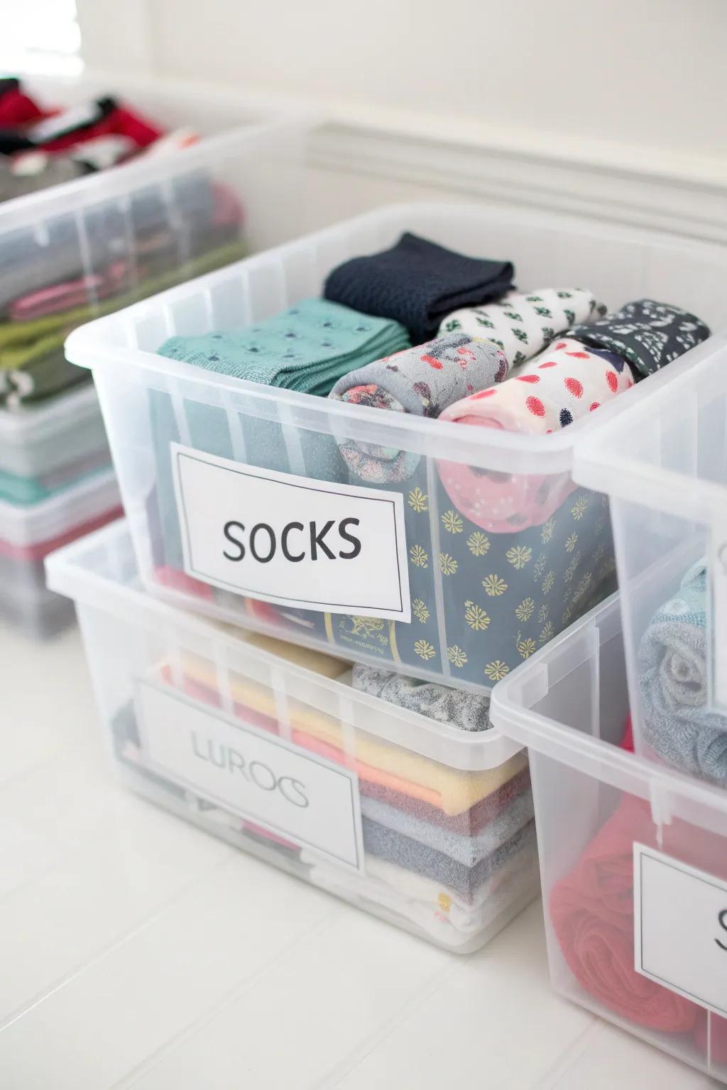 See-through containers simplify off-season sock keeping.