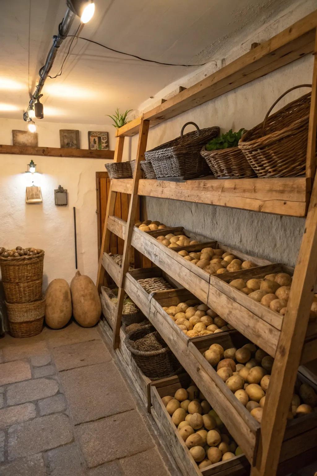 Optimal basement alcove configured for cool and dim potato preservation.