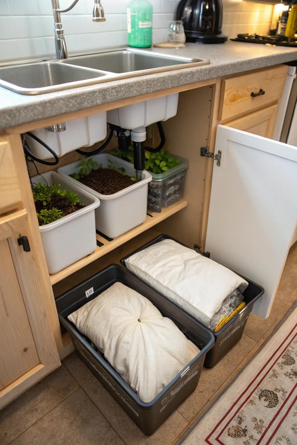 An indoor vermicomposting unit is neatly tucked beneath the kitchen sink, ideal for small spaces.