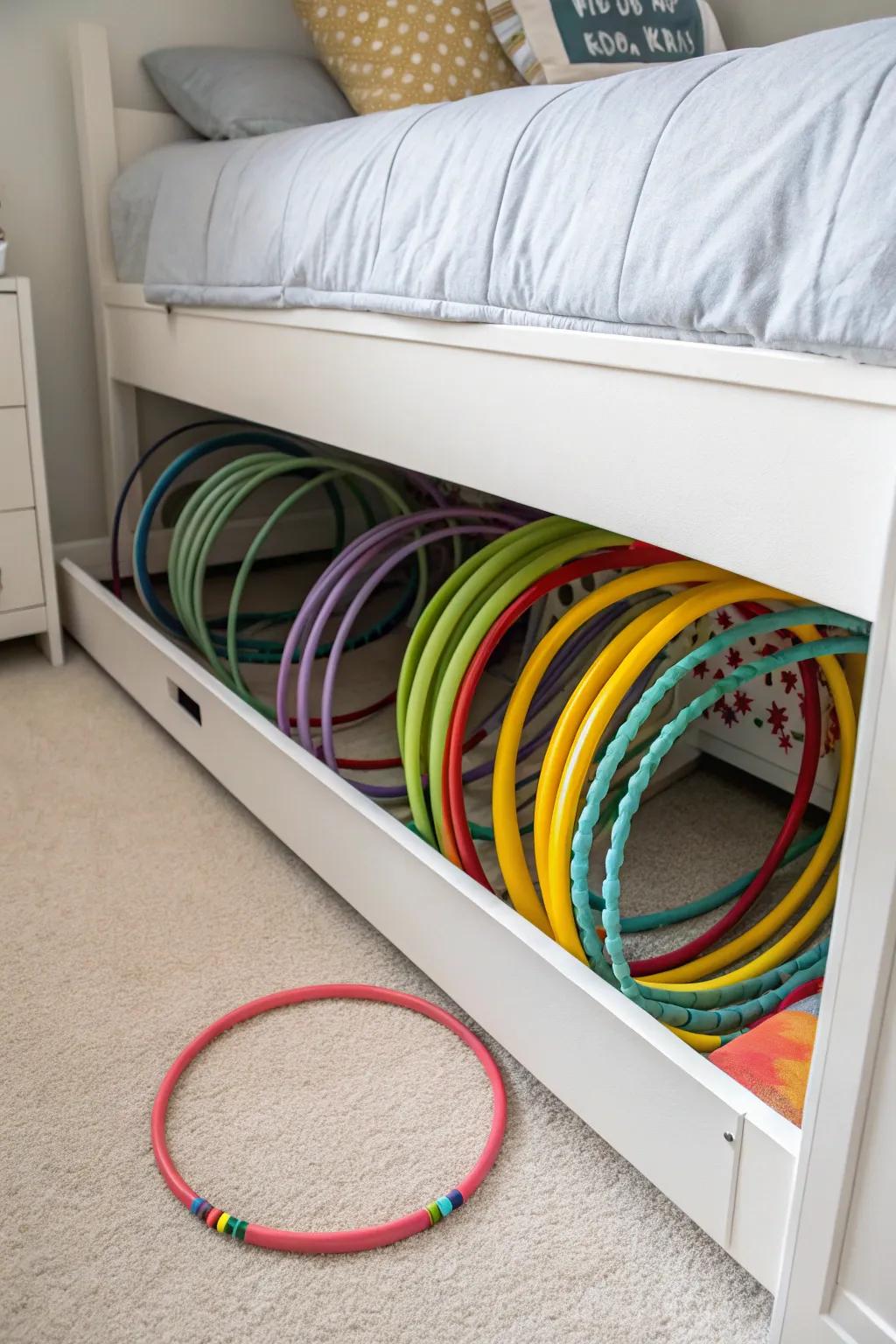 Playful rings cleverly arranged beneath a bed, amplifying space efficiency and ensuring they're out of sight.