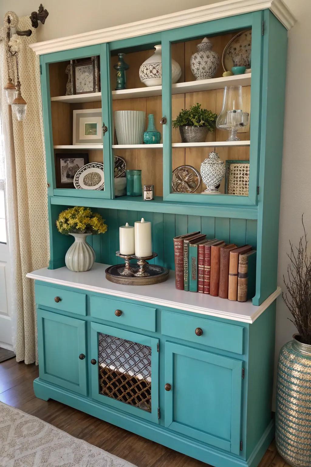 Introduce an burst of hue through a painted cupboard rear surface.
