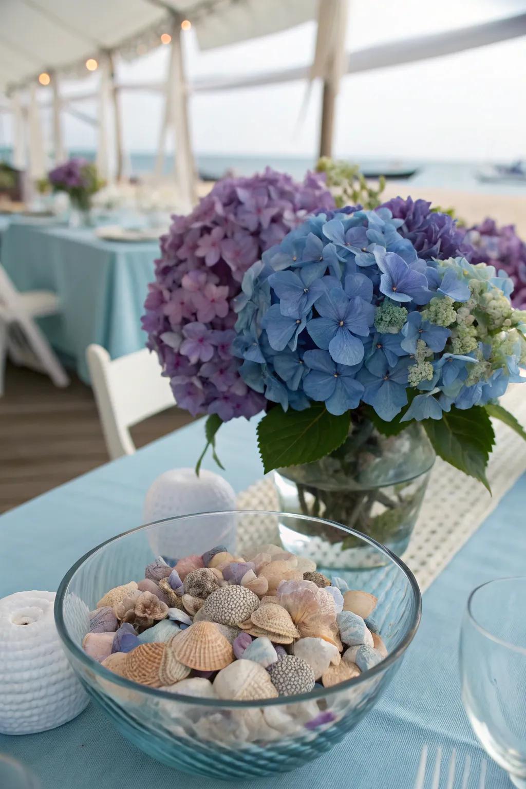 Cloudburst blooms paired with seashells to make a coastal centerpiece.