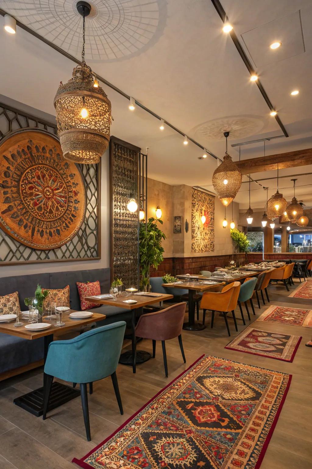 A fusion of contemporary and classic design aspects in an Indian restaurant.