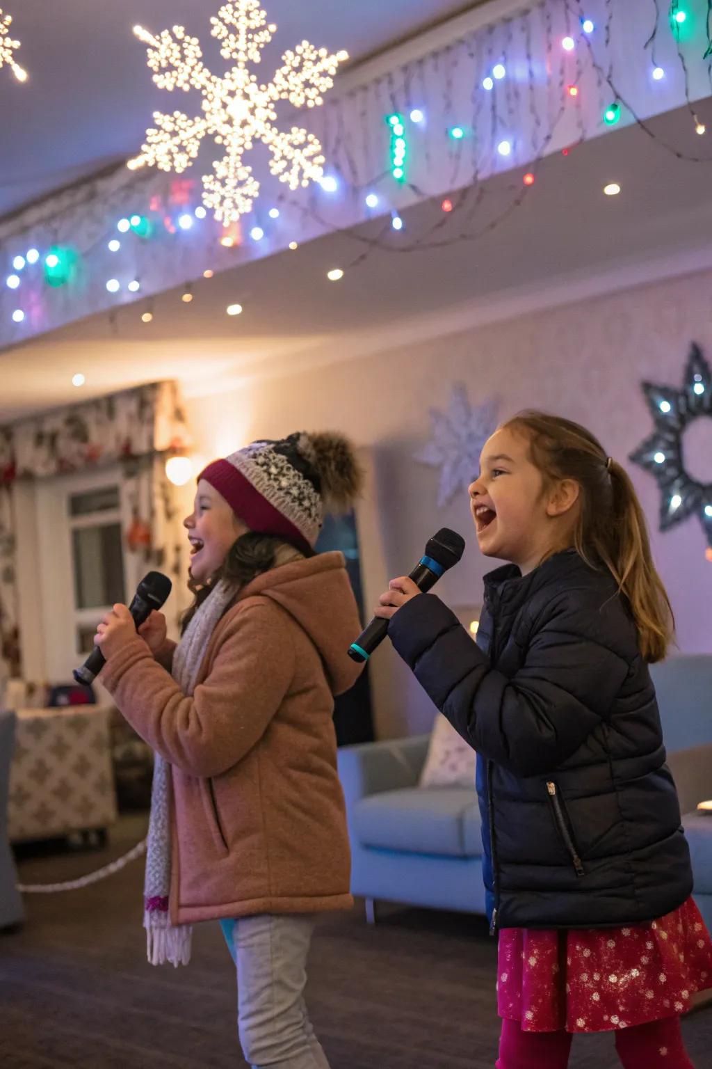 Children singing and dancing during a spirited winter-themed music time event.