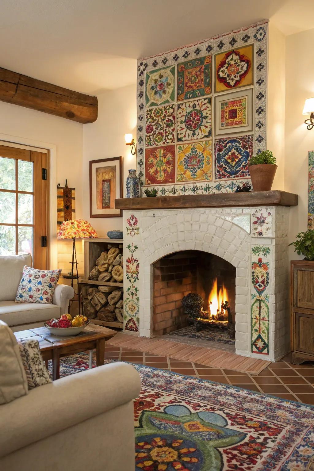 A living room hearth adorned with vibrant, hand-painted mosaics for an eclectic aesthetic.
