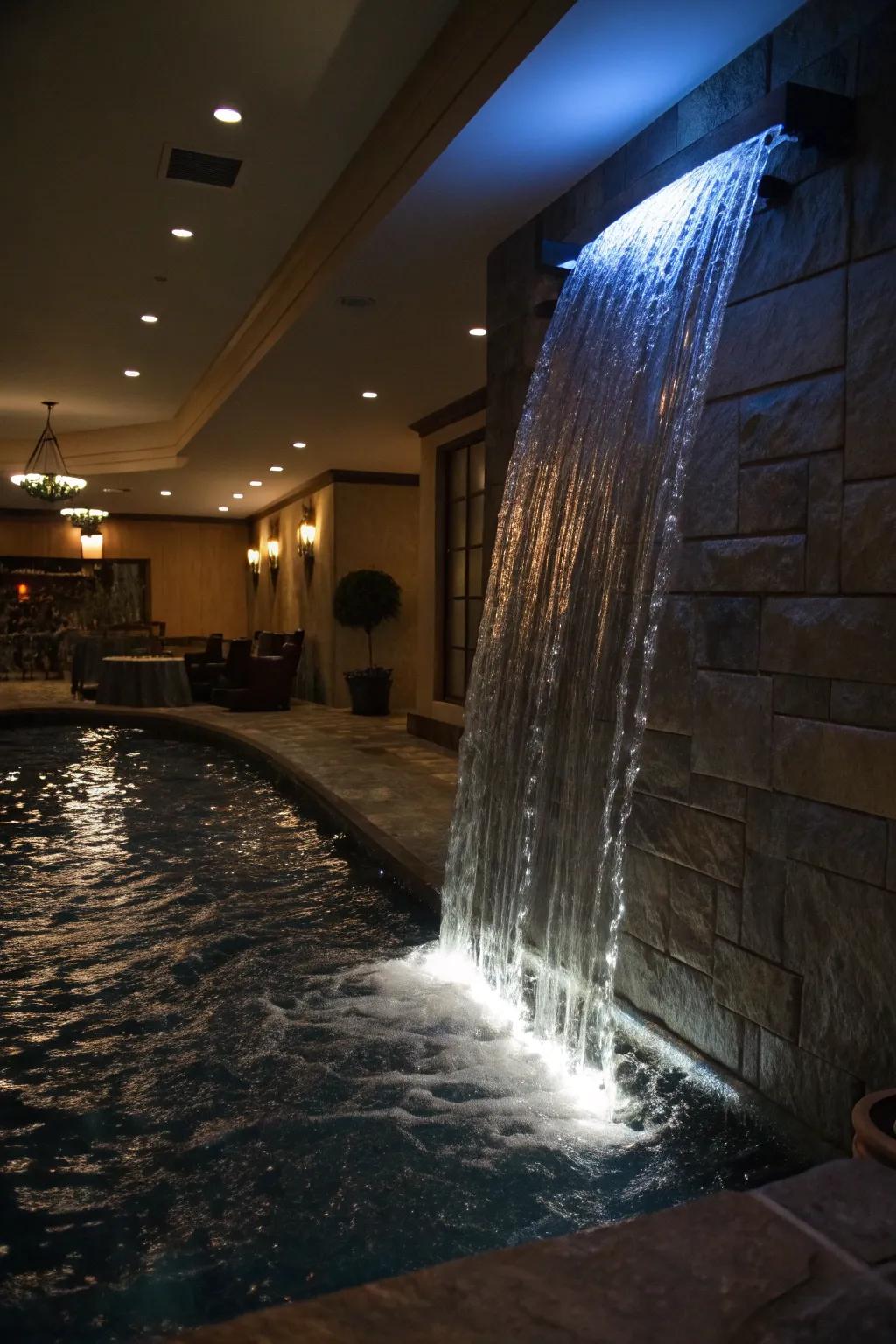 Glimmering waterfalls fashion a bewitching ambiance after sundown.