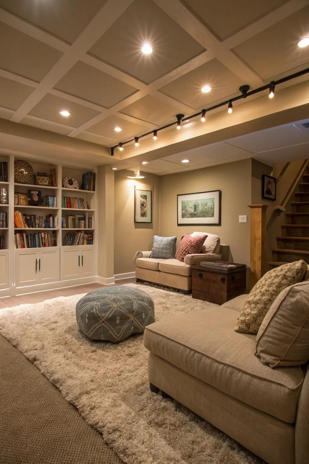 Appealing basement hideaway featuring LED troffer lighting