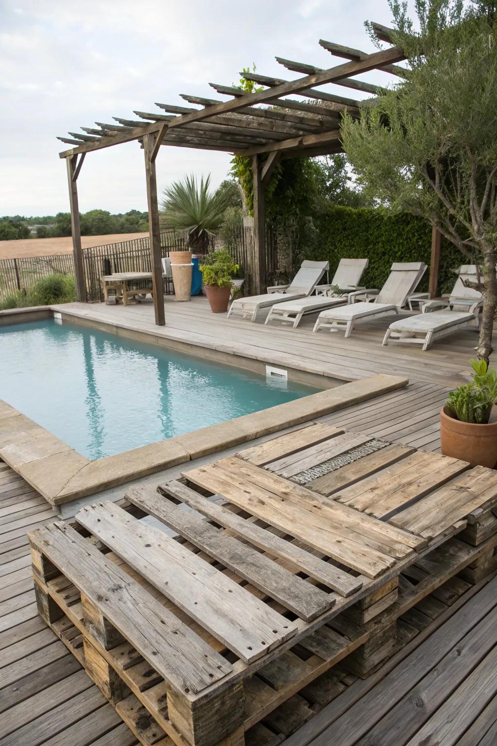 Reclaimed wood gives your pool area a rustic charm.