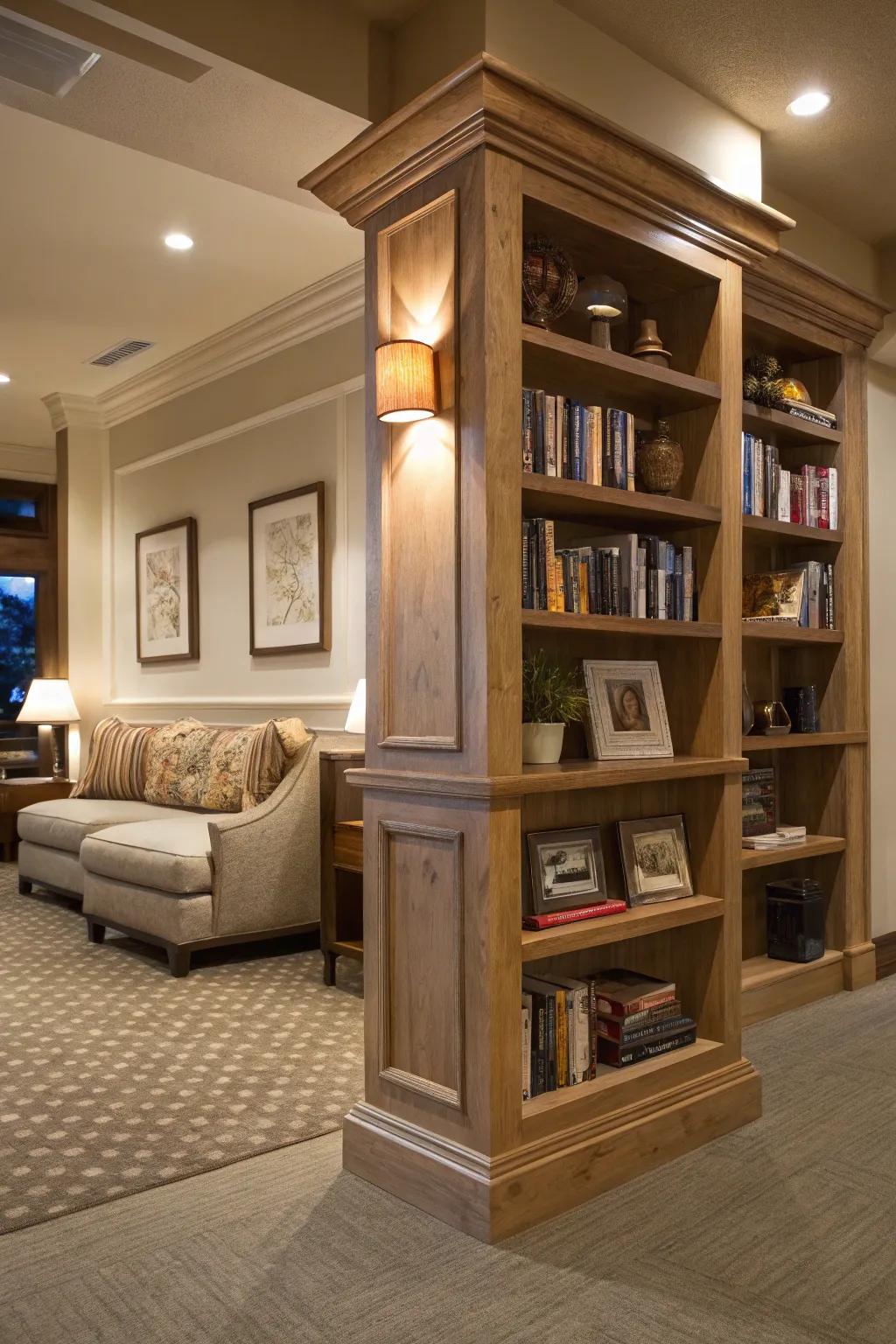 Shelves on columns add style and storage.