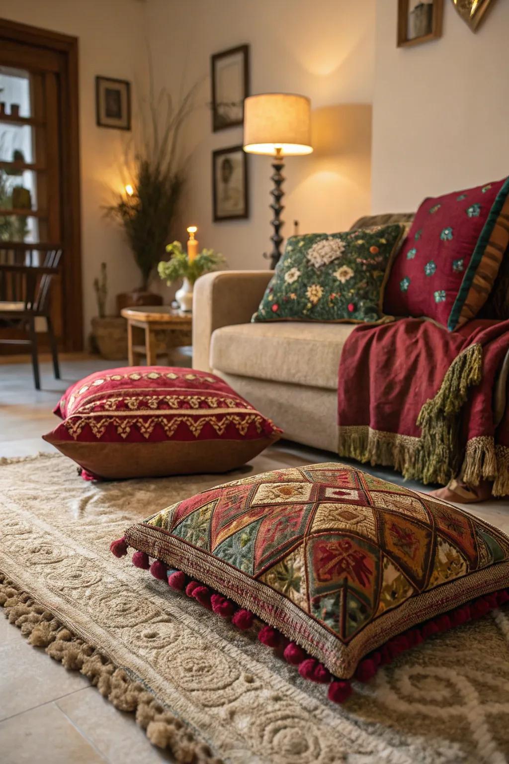 Rich fabrics and lush rugs contribute opulence and warmth.