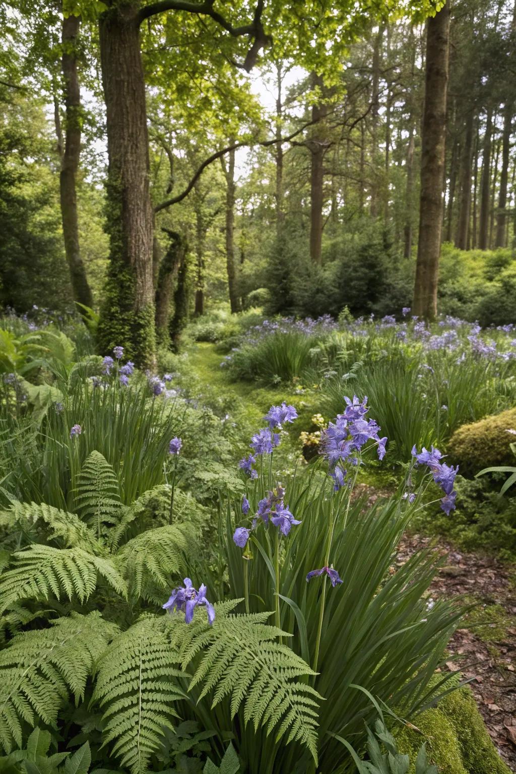 A woodland garden with irises crafting a magical, secluded escape.