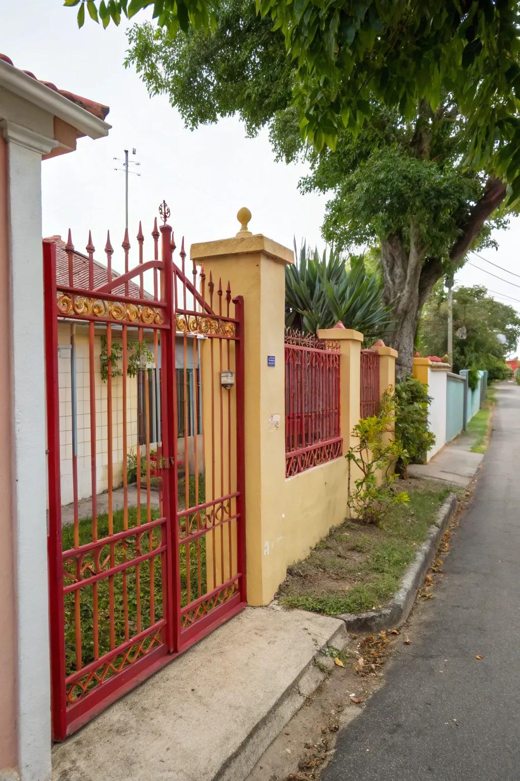 A vibrant, colorful forged iron entrance that shines beautifully.