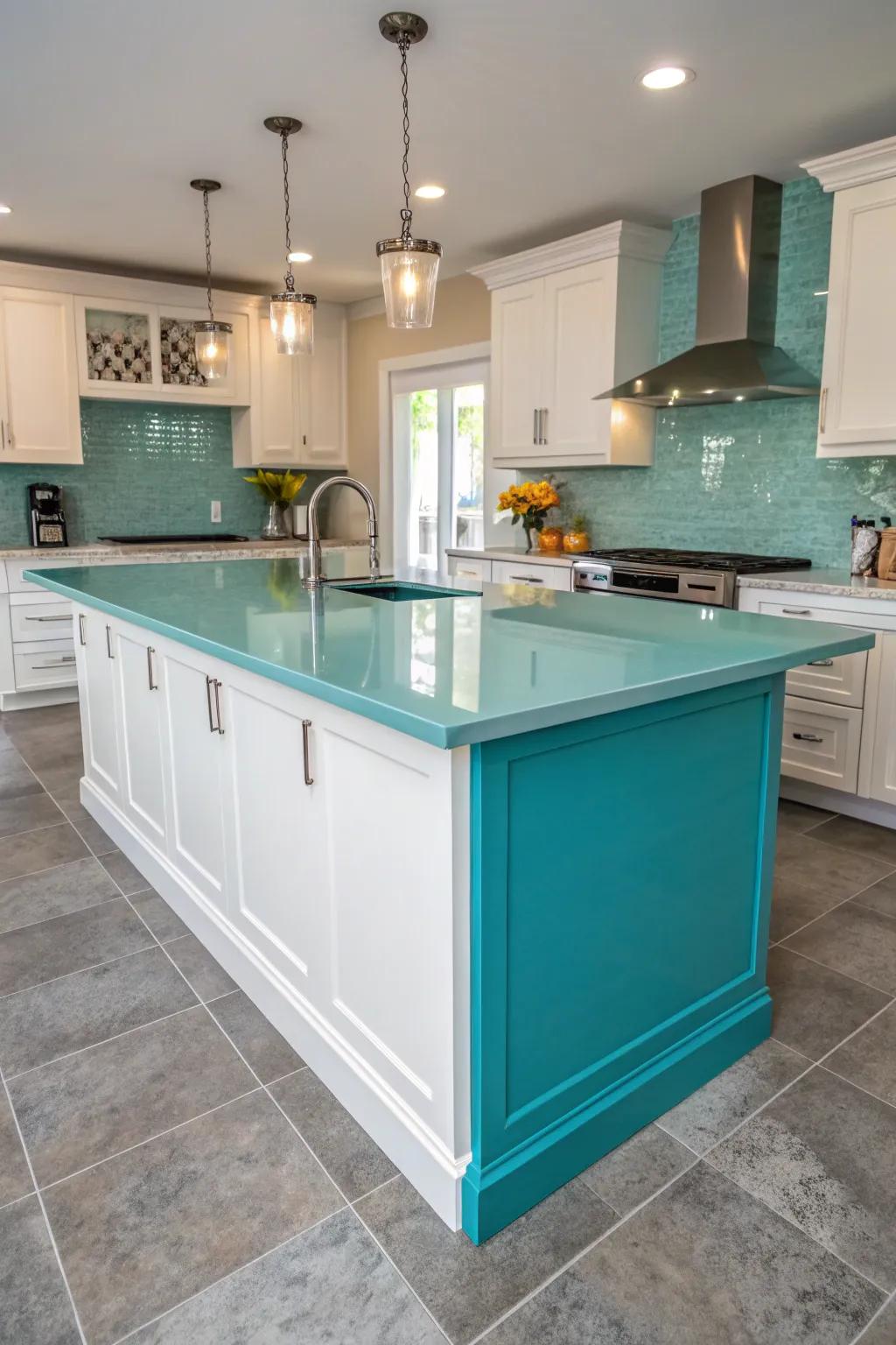 A brightly colored countertop bringing vibrancy and a personalized touch to the kitchen.