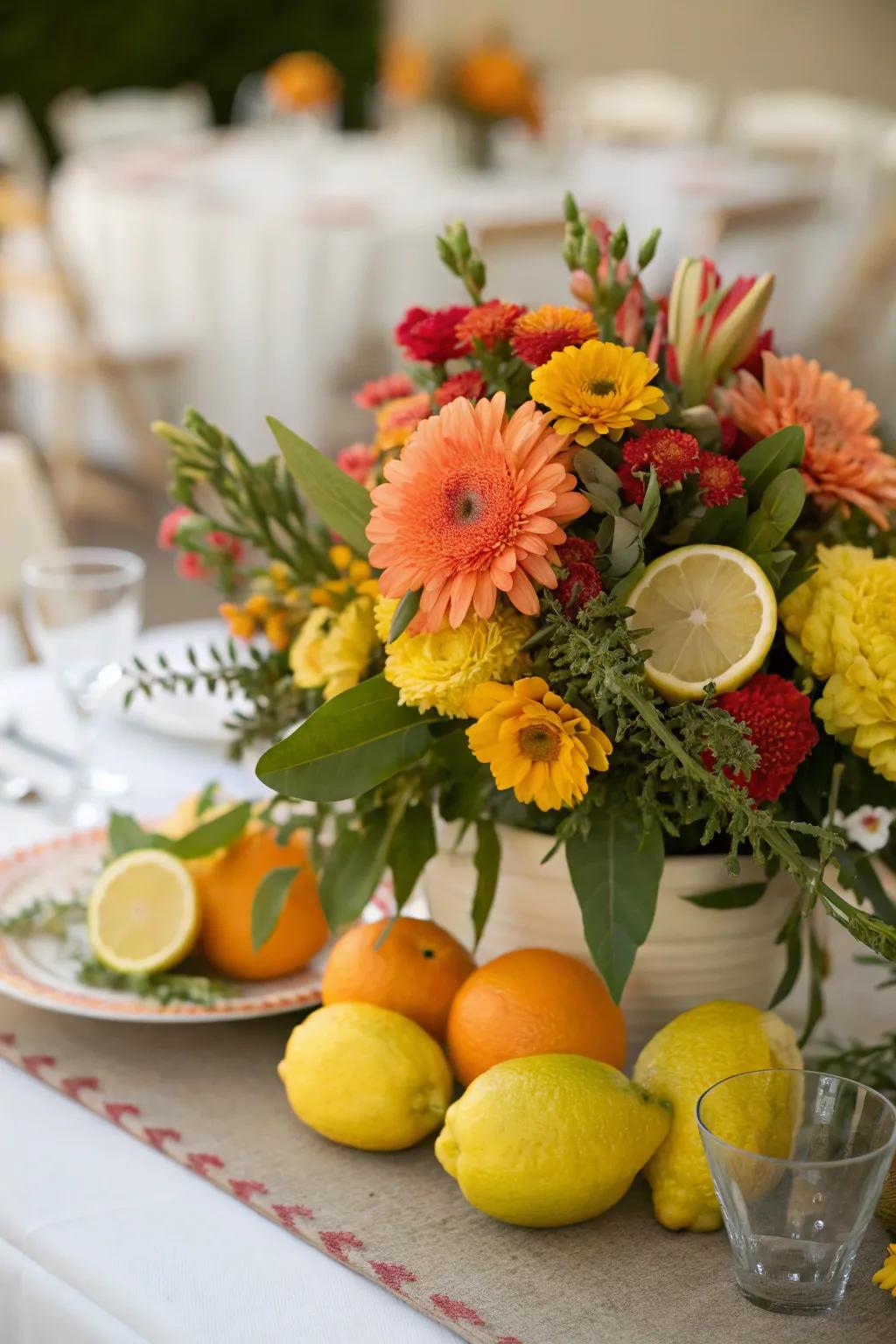 Botanical and fruit displays add vibrant color to your dining table.