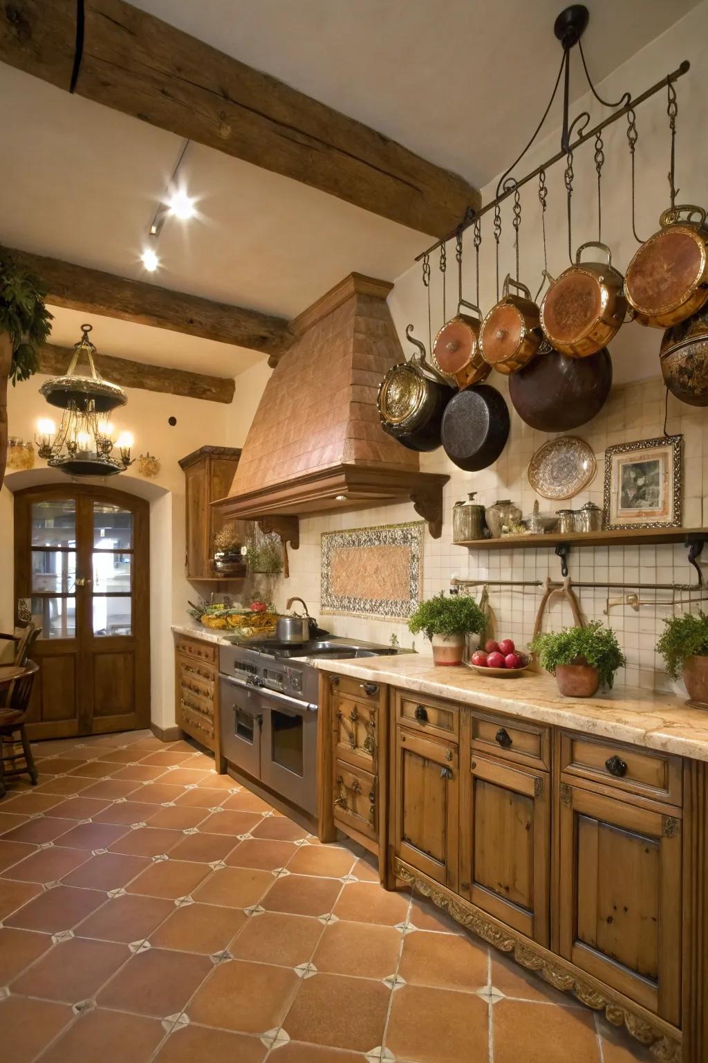 Practical decor like hanging pots adds country charm.