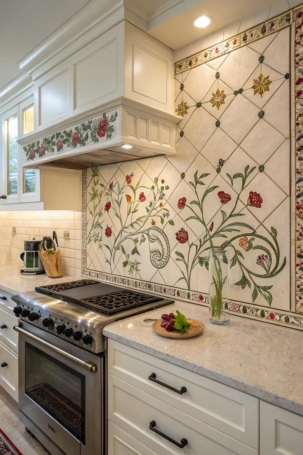 Floral imagery adds a delicate and lively element.