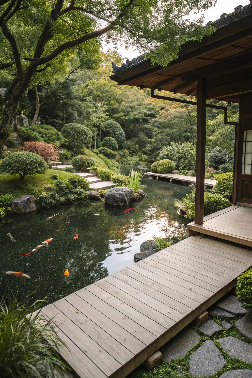 A wooden deck providing a tranquil viewing point in a Japanese garden.
