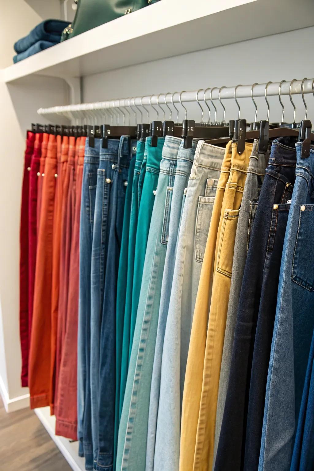 Color-coordinating your jeans generates a visually pleasing and practical closet.