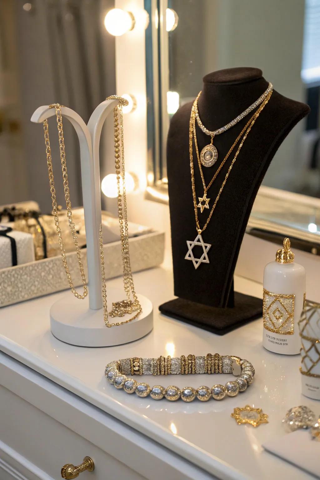 Jewish jewels elegantly arranged upon a chic vanity.