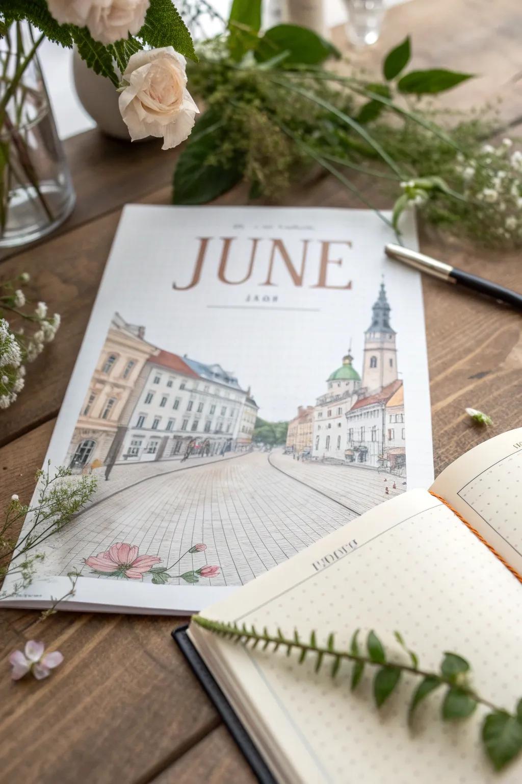 Navigate through June with classic allure: a minimalist journal cover inspired by everlasting journey ads.