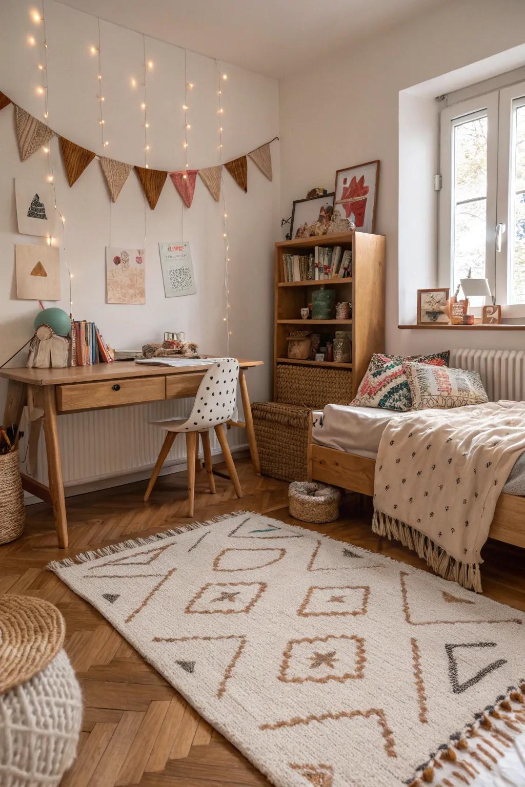 Layered materials enrich the space's sensory appeal.