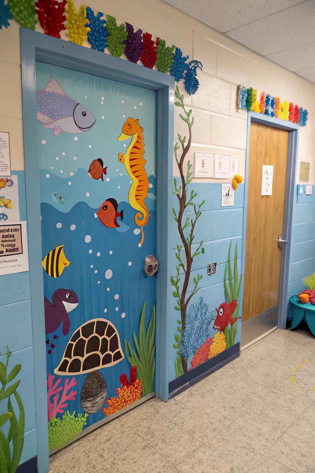 A kindergarten portal embellished with a subaqueous tableau spotlighting piscine and marine entities.