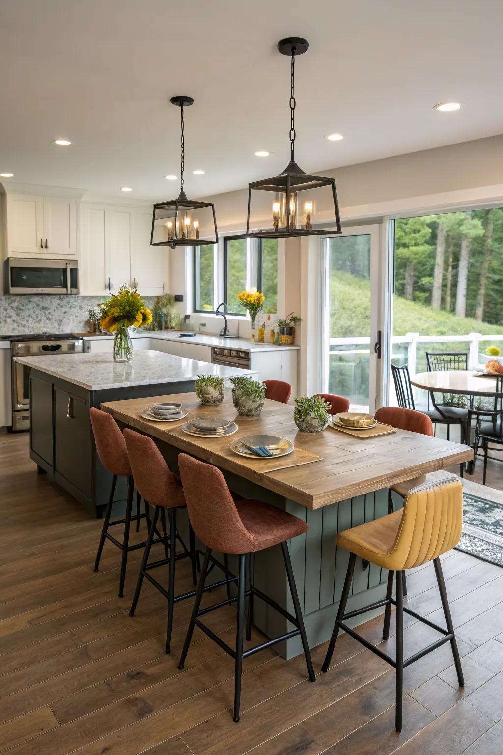Varied seating around a kitchen island introduces character.