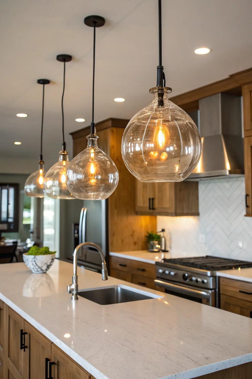 Glass hanging lights add an artistic and airy touch.
