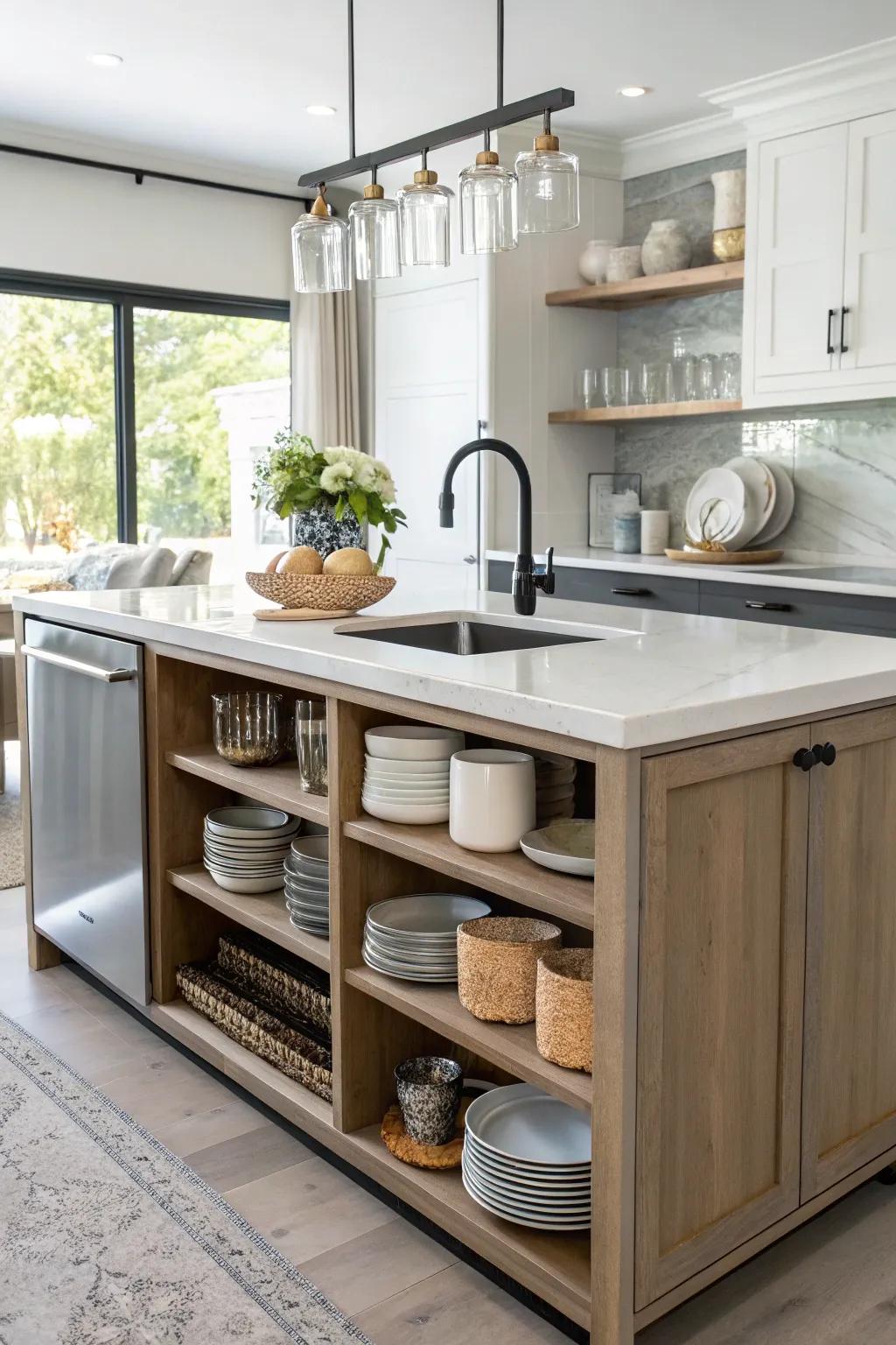 An innovative kitchen island featuring exposed storage for increased style and utility.