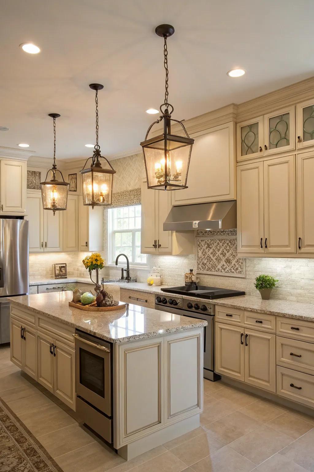 Coordinated light fixtures enhance the harmonious color scheme of this kitchen.